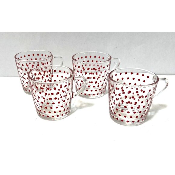 Set Of 4 Vintage Ikea Godta Glass Espresso Mugs Red Polka Dot Pattern France - Picture 1 of 5